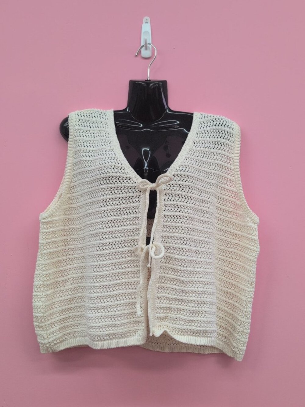 Asos Design Women's V Neck Sleeveless Knitted Tank Top with Bow Tie Large Ecru